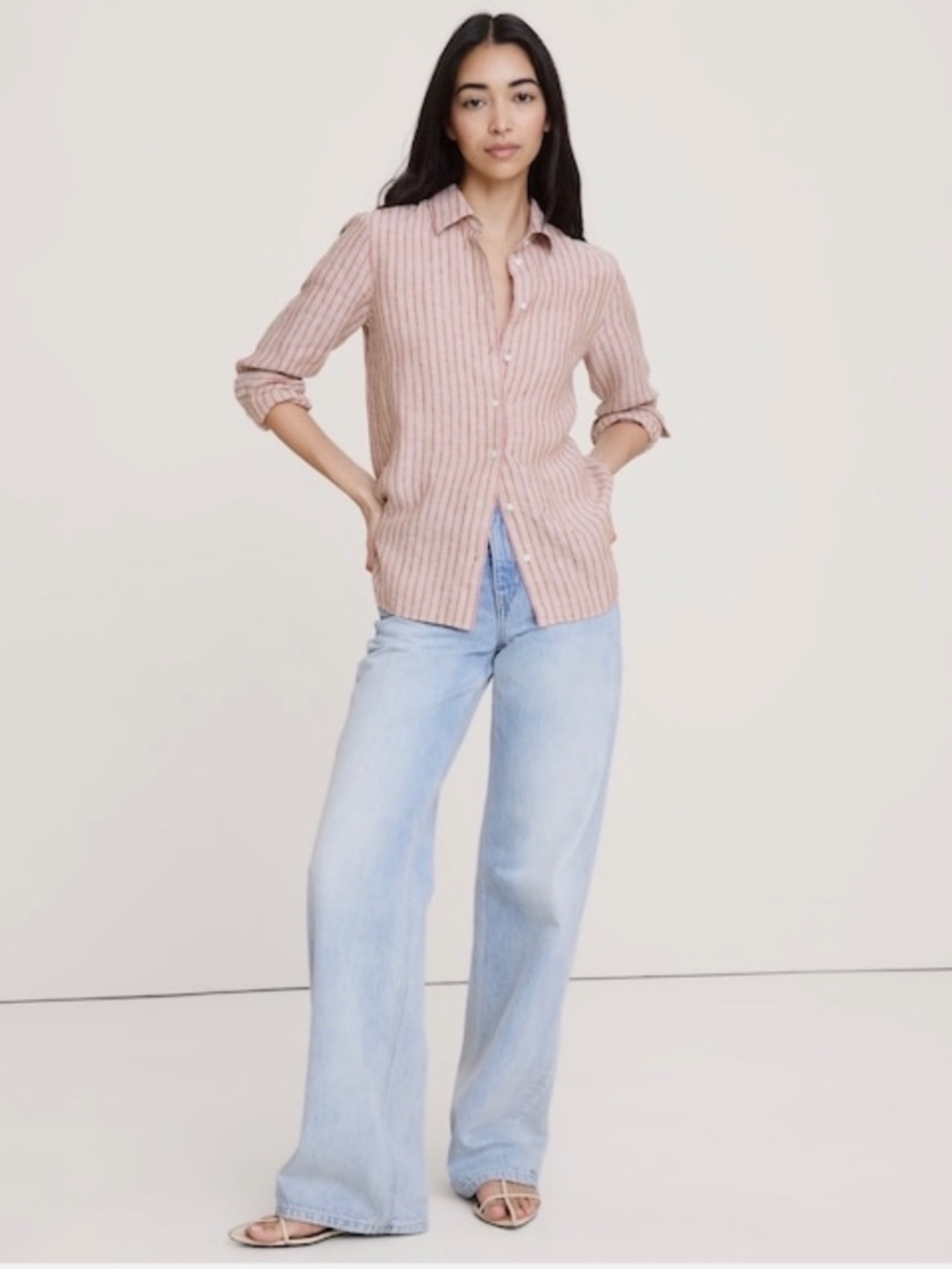 NWT Banana Republic The Everyday Linen Long Sleeve Shirt Women Small Pink Stripe